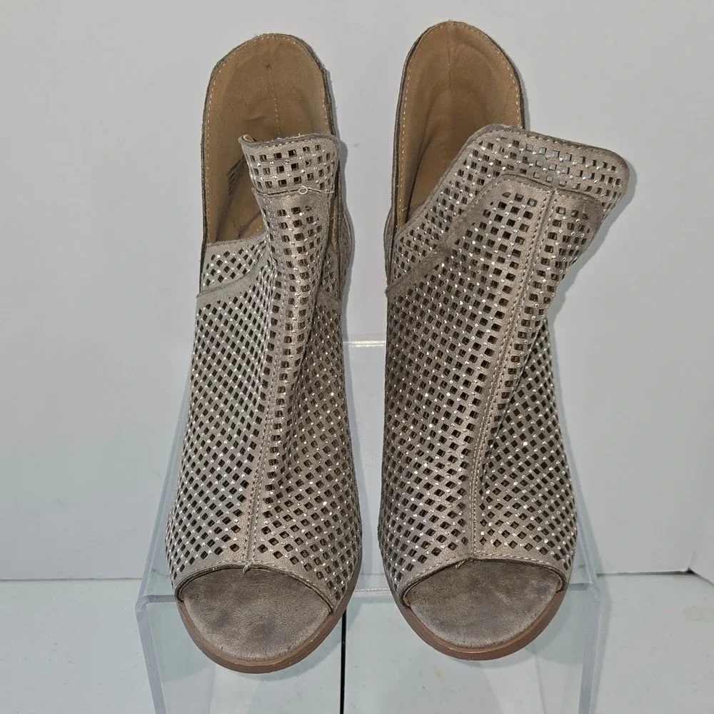 Taupe Suede Laser Cut Studded Peep Toe Block Heel Boots Size 8.5 German outsole‎